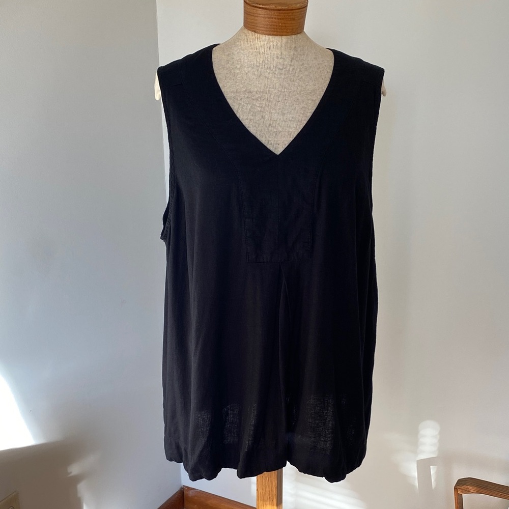 100% linen v neck loose black pin tucked baby doll style sleeveless shirt Sz XXL